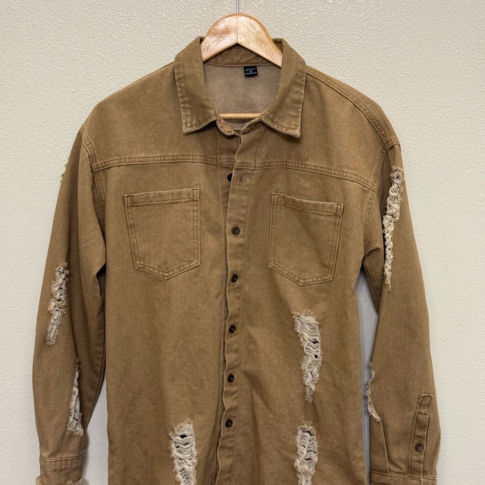 Tan and brown distressed denim shirt